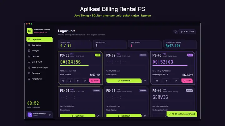 Aplikasi Billing Rental PS Desktop Java Swing + SQLite: Timer Per Unit, Paket & Open Billing, Jajan, Struk, Laporan Okupansi