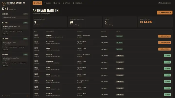 Source Code Aplikasi Booking & Antrean Barbershop PHP Native & MySQL (Slot Otomatis, Kasir, Komisi Kapster)