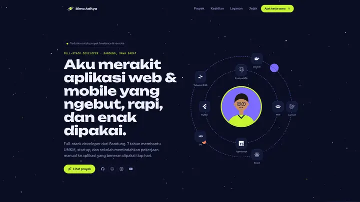 Source Code Template Portofolio Developer + CMS PHP Native & MySQL (Tema Antariksa, Efek 3D, Logo Tech Stack)