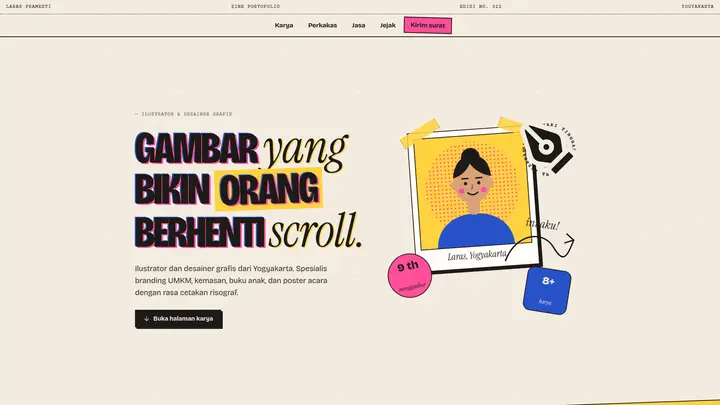 Source Code Template Portofolio Ilustrator & Desainer Grafis + CMS PHP Native & MySQL (Gaya Zine Risograf, Scroll Horizontal)