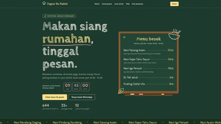 Website Katering Pre-Order Online: Landing Page Menu Harian, Kuota Porsi, Keranjang Multi-Tanggal & Rekap Dapur (Google Apps Script)