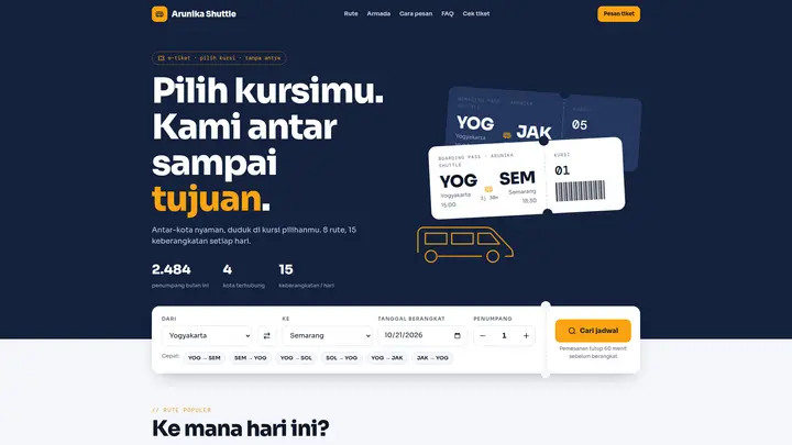 Website Tiket Travel & Shuttle Online: Landing Page, Cari Jadwal, Pilih Kursi di Denah Armada, E-Tiket & Manifest Sopir (Google Apps Script)